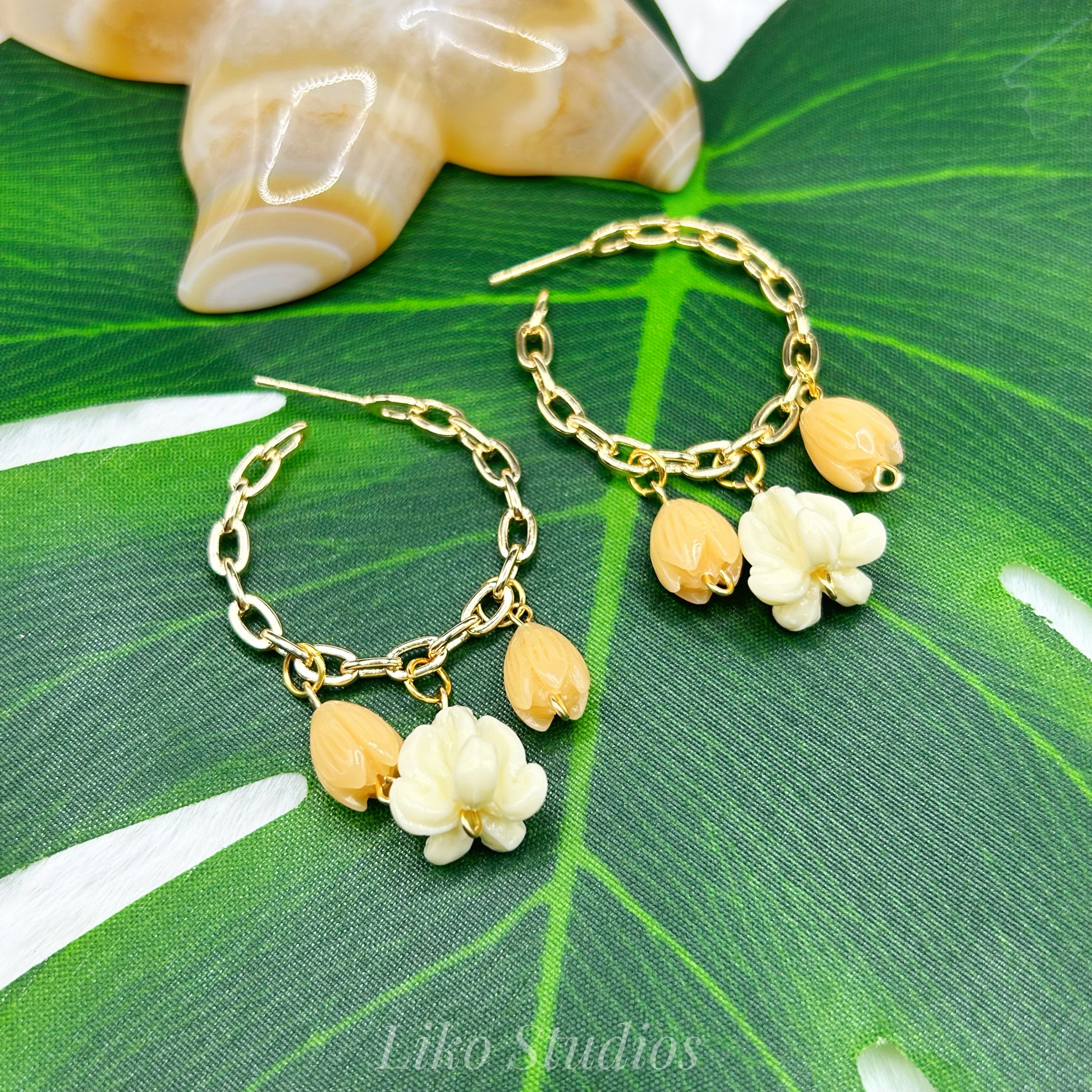 Crowns and Pikake Chain Hoop Earrings