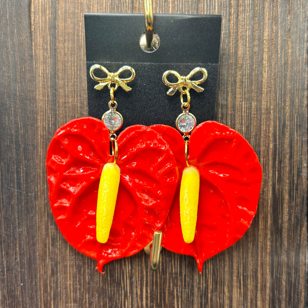 Red Anthurium with Bow Stud Earrings