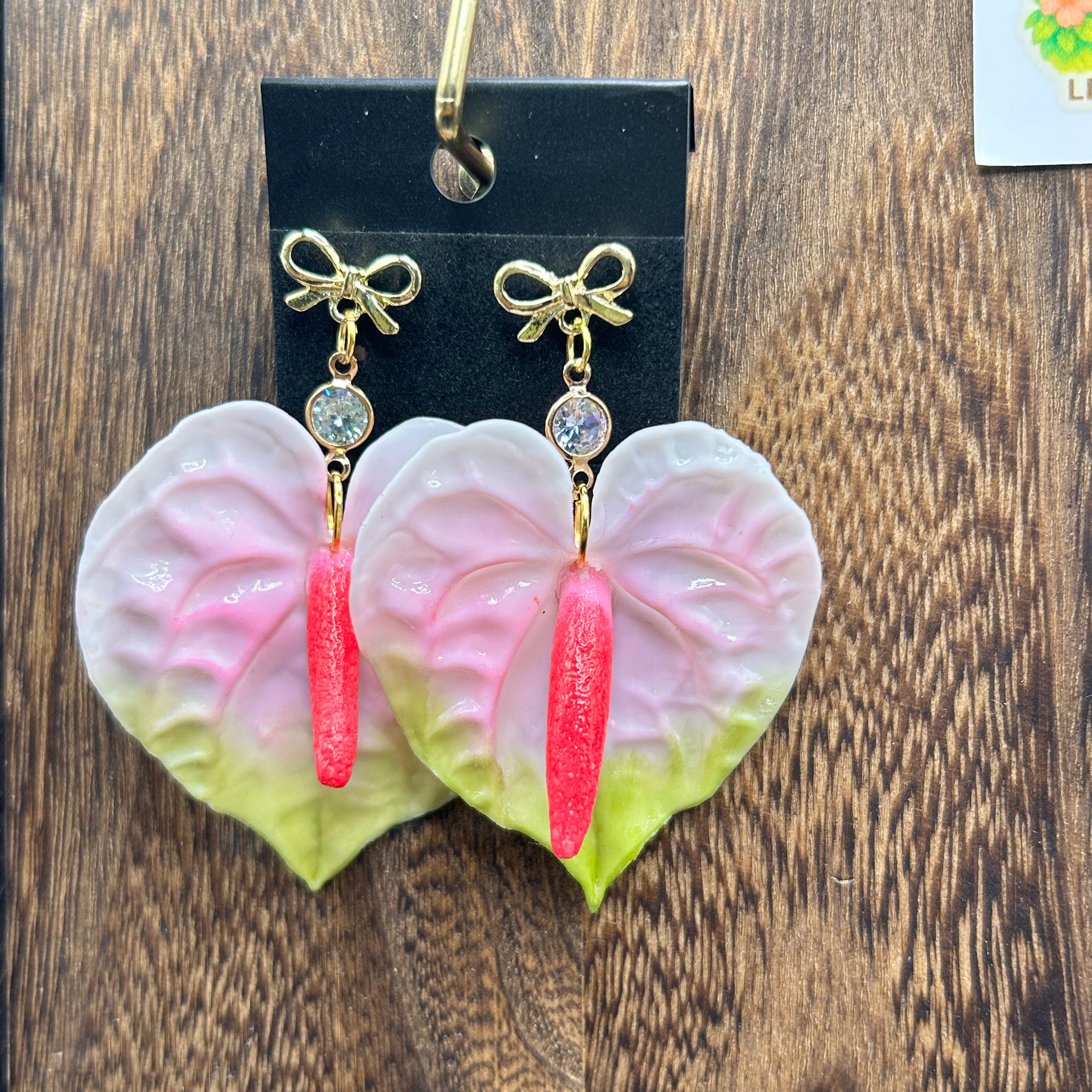 Pink Anthurium with Bow Stud Earrings