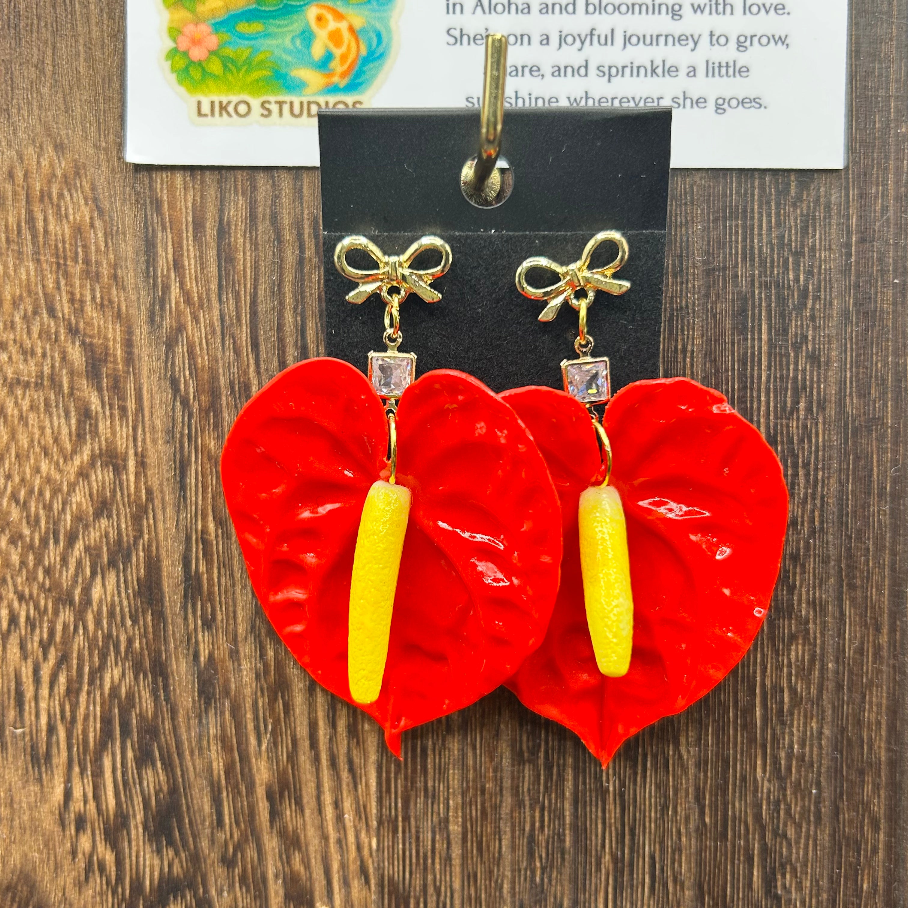 Red Anthurium with Bow Stud Earrings