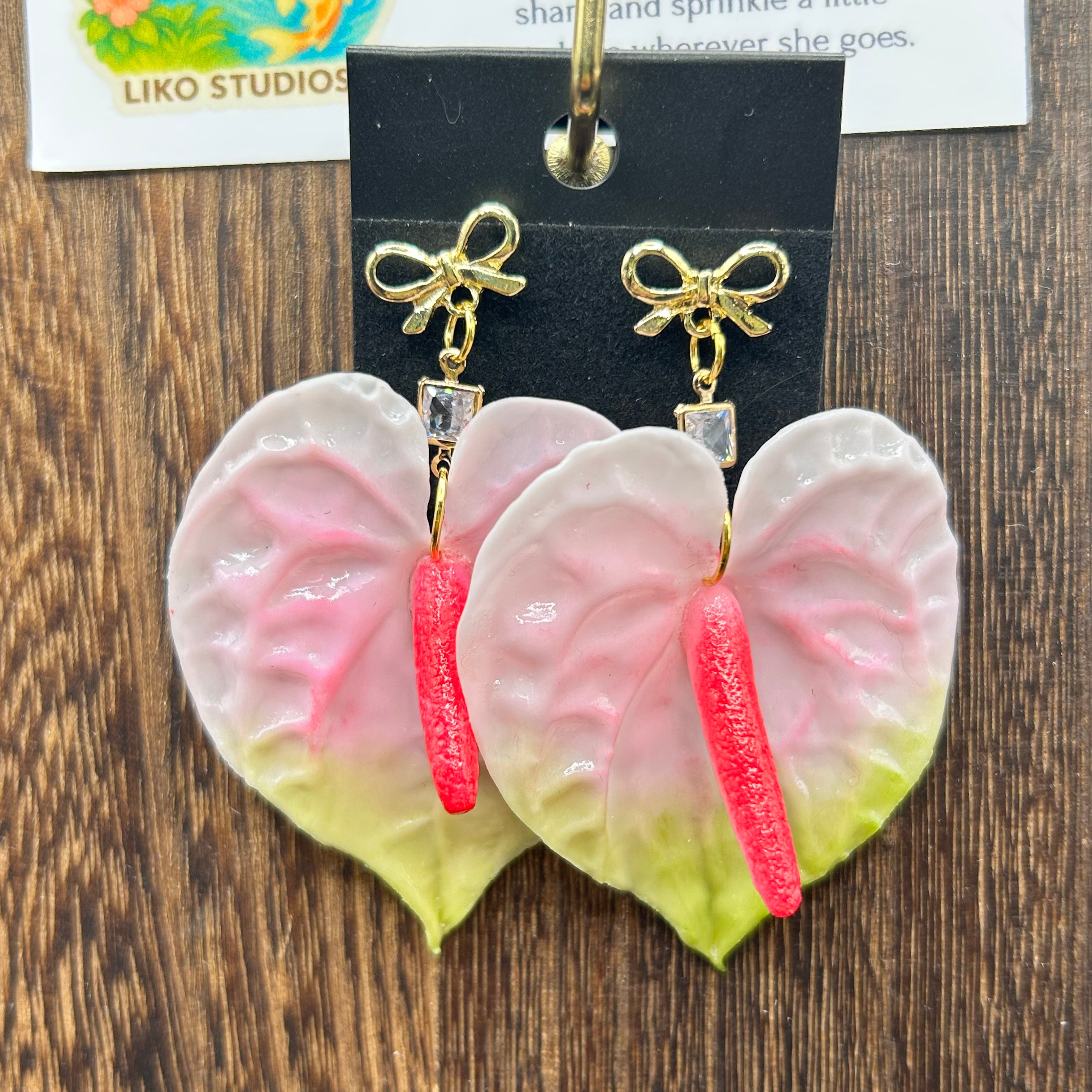 Pink Anthurium with Bow Stud Earrings