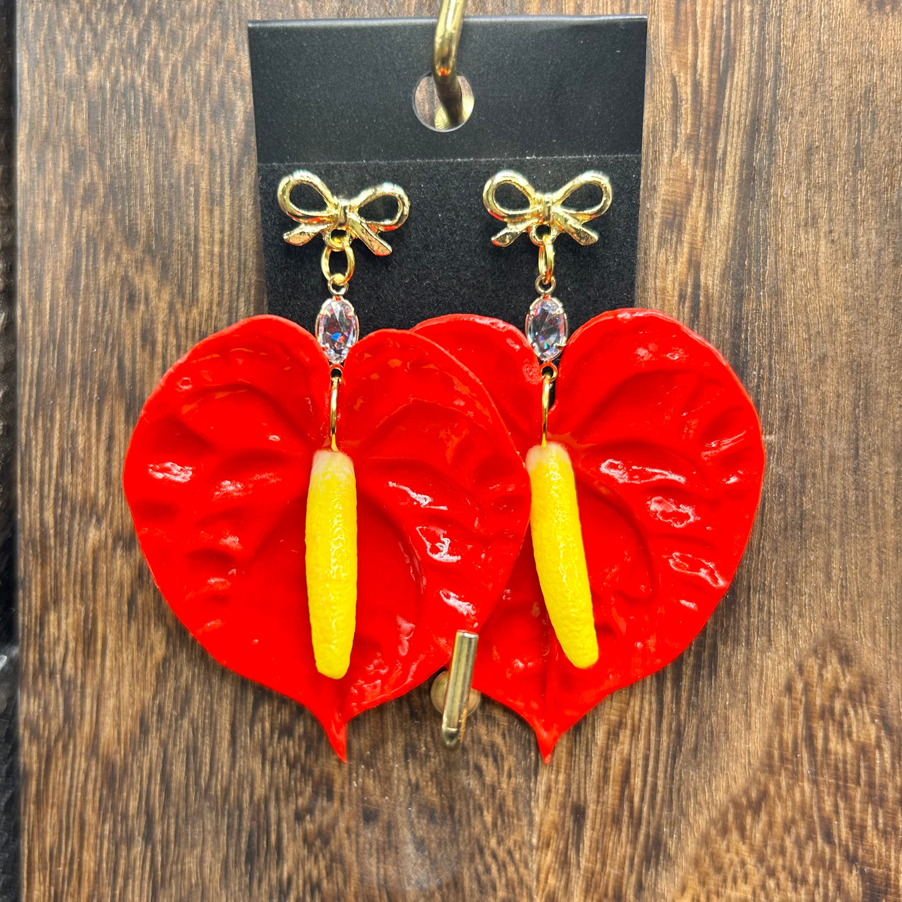 Red Anthurium with Bow Stud Earrings