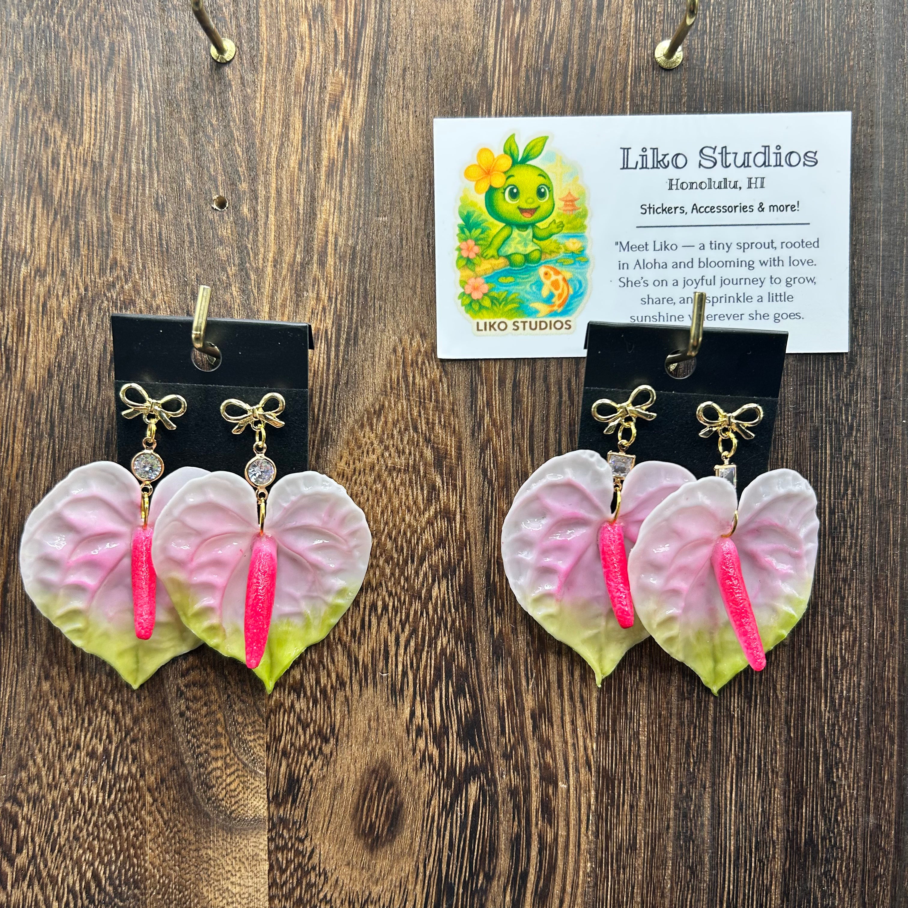 Pink Anthurium with Bow Stud Earrings